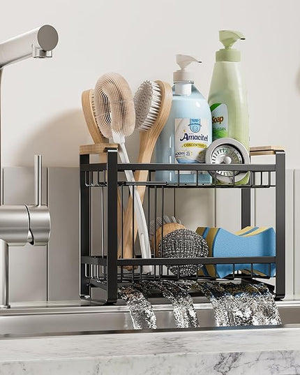 Sink Caddy Organizer with Wooden Handle, 2-Tier Rustproof Metal Sink Organizer Non-Slip Suction Cups, Multi-Functional Storage for Sponge, Soap Dispenser, Kitchen and Bathroom Countertop Accessories