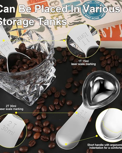 Coffee Scoop Set, Tablespoon Scoop 2 Pc Set (1 Tbsp & 2 Tbsp), Stainless Steel Measuring Spoons for Ground Coffee with Short Handles, for Tea, Sugar, or Flour