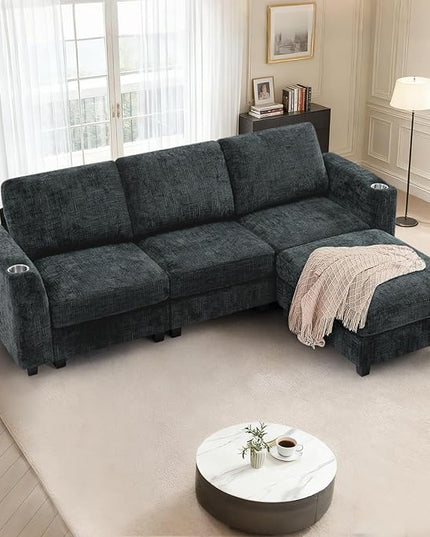 87" Chenille Sectional Sofa with Movable Ottomans, Modular L-Shape Couch with Cup Holders, Convertible 3 Seater Sofa with Well-Filled Backrest Cushions for Living Room, House, Grey