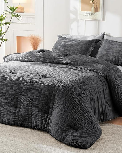 HYMOKEGE Dark Grey/Light Grey Queen Comforter Set Seersucker 7 Pieces, All Season Luxury Bed in a Bag Queen for Bedroom, Bedding Set with Comforter, Sheets, Pillowcases & Shams