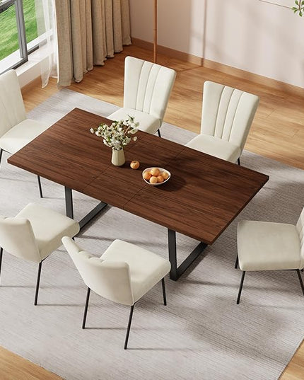 ZckyCine 51"-67" Expandable Dining Table Set, Modern 7-Piece Dining Room Set with 6 Velvet Upholstered Chairs, Walnut Wood Finish, Space-Saving Table for Home, Apartment, or Restaurant
