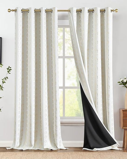 jinchan 95% Blackout Boho Curtains 96 Inches Long for Christmas Bedroom Living Room Decor Festive Xmas Golden Geometric Foil Printed Curtain Grommet Top Room Darkening Drapes Off White 2 Panels