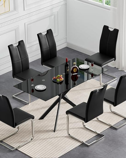 HomVent 7 Pieces Rectangular Glass Dining Table Table Set, Black Glass Dining Table Set for 6 Kitchen Table Set with 6 PU Dining Chairs for Kitchen Dining Room (Black-Table with 6 Black Chairs)