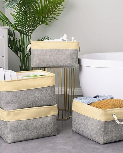TheWarmHome Storage Basket for Organizing - 3 Pack 14x10x7 inch Large Collapsible Storage Bin for Shelves, Fabric Storage Cubes for Organizer ClosetCloth Gift Toy (Grey & Gold)