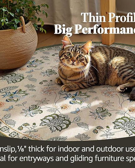 jinchan Elora 8ft Floral Round Rug for Washable Living Room Rug Vintage Romance Christmas Design Non Slip Indoor Floor Cover Lightweight Low-Profile Throw Carpet for Porch Patio, Green/Beige