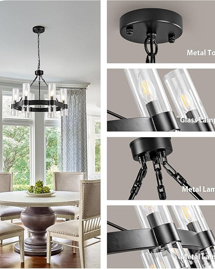 6-Light Large Black Wagon Wheel Chandelier with Glass Shades, 20 Inch Farmhouse Industrial Round Chandelier for High Ceilings, Pendant Lighting Fixture for Dining Living Room Kitchen Island Foyer