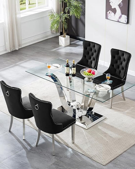 5-Piece Glass Dining Table Set w/4 Black Upholstered Dining Chairs, 70in Rectangular Large Kitchen Table Set for 4, Glass and Silver Dining Table and Chair Set for 4