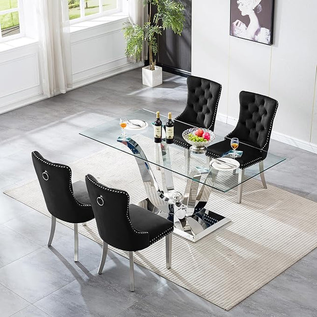 5-Piece Glass Dining Table Set w/4 Black Upholstered Dining Chairs, 70in Rectangular Large Kitchen Table Set for 4, Glass and Silver Dining Table and Chair Set for 4