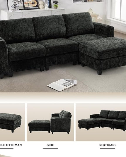 87" Chenille Sectional Sofa with Movable Ottomans, Modular L-Shape Couch with Cup Holders, Convertible 3 Seater Sofa with Well-Filled Backrest Cushions for Living Room, House, Black
