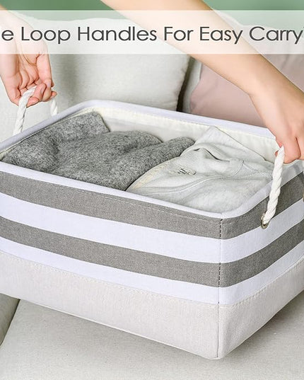 TheWarmHome Storage Basket Fabric Basket with Handles Dog Toy Basket Cloth Storage Bin Shelf Basket Decorative Storage Basket Shoe Basket Gift Basket(Grey&White Stripes-1 Pack,15.7L×11.8W×8.3H)