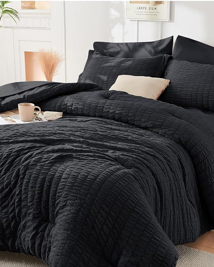 HYMOKEGE Black Queen Comforter Set Seersucker 7 Pieces, All Season Luxury Bed in a Bag for Bedroom, Bedding Set with Comforters, Sheets, Pillowcases & Shams