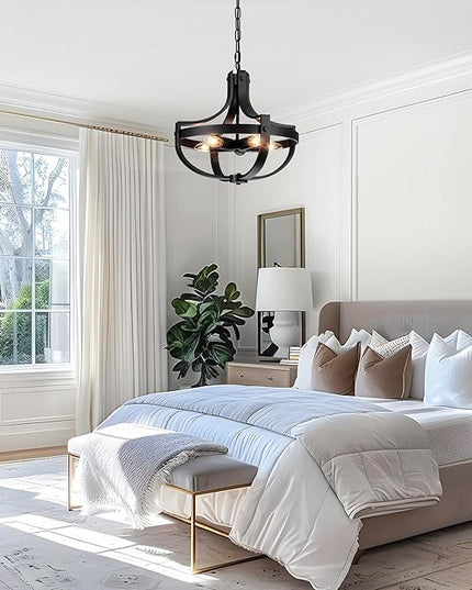 16.73" Black Farmhouse Light Fixtures, 5-Lights Vintage Cage Chandeliers Round Pendant Light for Dining Room Entryway Kitchen Island Living Room Hallway Foyer