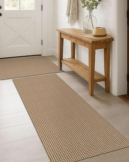 KOZYFLY Area Rug Runner Sets of 2 Pcs 2x3 and 2x6 Washable Kitchen Rugs Non Slip Rubber Backed Hallway Rug Woven Cotton Entrance Rugs for Front Porch Bathroom Kitchen Bedroom, Tan/Orange/Brown