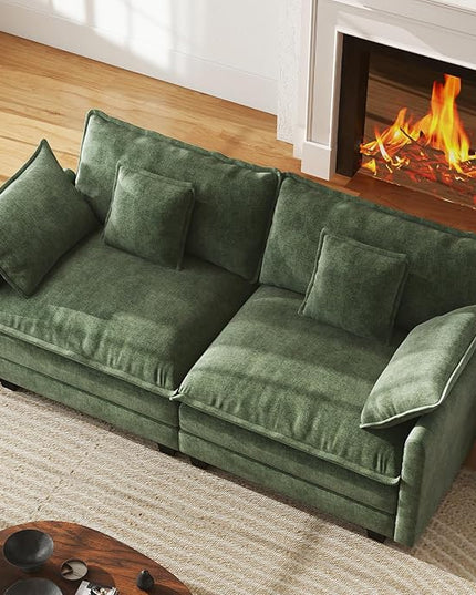 WorthFurni 77 Inch Cloud Sofa Loveseat, Comfy Sectional Couch, 2-Seater Chenille Deep Seat Sofa with Throw Pillows for Living Room Bedroom Apartment (Green)