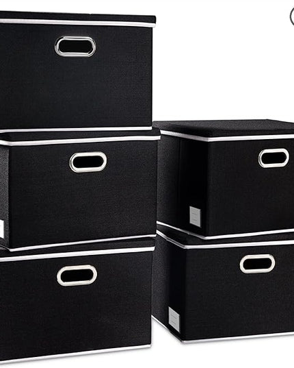 PRANDOM Large Foldable Storage Boxes with Lids [5-Pack] Organizer Containers Baskets Cube with Cover for Home Bedroom Closet Office Black17.7x11.8x11.8 For 6+ Year Old Boys and Girls