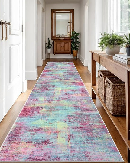 IOHOUZE Abstract Runner Rug 3x12 Ft Washable Runners for Hallways, Non Slip Kitchen Runner Printed Faux Wool Entryway Runner Indoor, Modern Abstract Floor Carpet for Hall Kitchen, Pink Teal