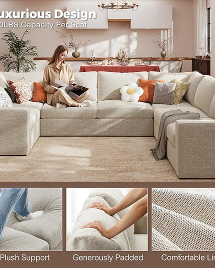 ABCASA Oversized 136" Modular Sectional Sofa, Deep Seat U Shaped Couches for Living Room, Breathable Linen Fabric Corner Couch, Easy to Assemble, Oatmeal