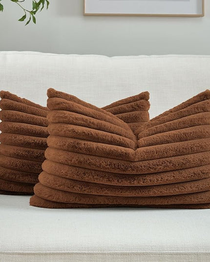 FUTEI Rust Throw Pillow Covers Set of 2, 12x20 Inch Striped Texture Lumbar Pillow Cases with Soft Faux Rabbit Fur Front & Velvet Back, Modern Decorative Couch Pillows for Living Room