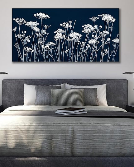 HUADAOART Canvas Wall Art Navy Blue and White Dandelion Wildflower 20" x 40" Artwork Modern Home Decor for Living Room Bedroom Office Decor Ready To Hang