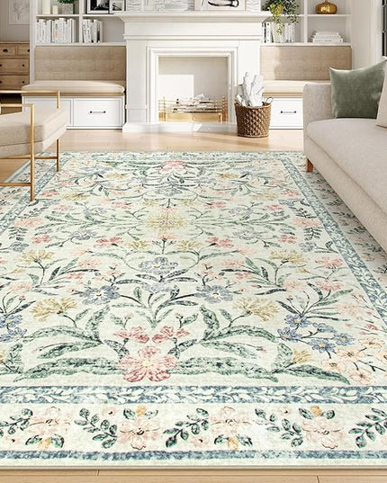 Wonnitar Large Rugs for Living Room, Soft Washable Floral 9x12 Area Rug for Bedroom, Boho Non-Shedding Foldable Carpet for Kids Playroom Apartment Home Decor