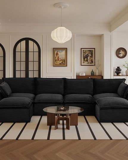 108" Sectional Couches for Living Room Boneless Couch Upholstered Cloud Couch Sectional Modular Sectional Sofa with L Shaped (Corduroy-Black, 4 Seat+2 Ottoman)