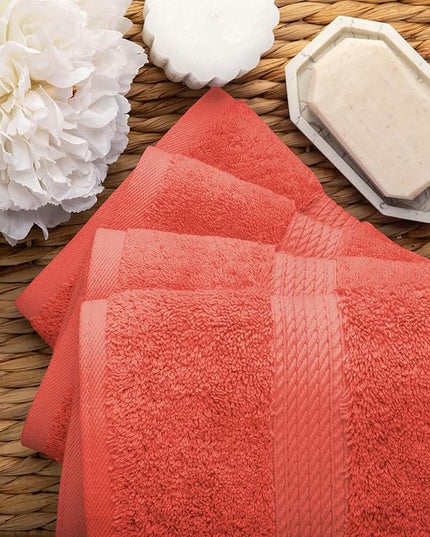Superior Egyptian Cotton Pile Hand Towel Set of 4, Ultra Soft Luxury Towels, Thick Plush Essentials, Absorbent Heavyweight, Guest Bath, Hotel, Spa, Home Bathroom, Shower Basics, Coral