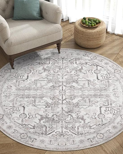 jinchan Lima Round Rug 4ft Vintage Machine Washable Area Rug Indoor Circle 4' Ultra-Thin Non-Slip Floral Print Carpet for Farmhouse Entryway Dining Room Living Room Bedroom Office (4'Round, Taupe)