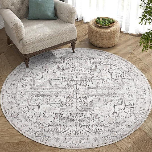 jinchan Lima Round Rug 4ft Vintage Machine Washable Area Rug Indoor Circle 4' Ultra-Thin Non-Slip Floral Print Carpet for Farmhouse Entryway Dining Room Living Room Bedroom Office (4'Round, Taupe)