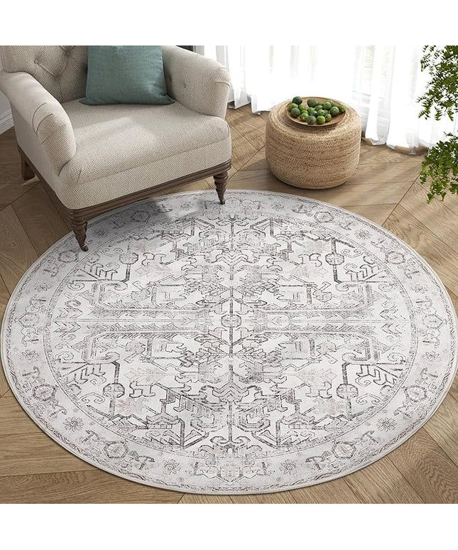 jinchan Lima Round Rug 5ft Vintage Machine Washable Area Rug Indoor Circle 5' Ultra-Thin Non-Slip Floral Print Carpet for Farmhouse Entryway Dining Room Living Room Bedroom Office (5'Round, Taupe)