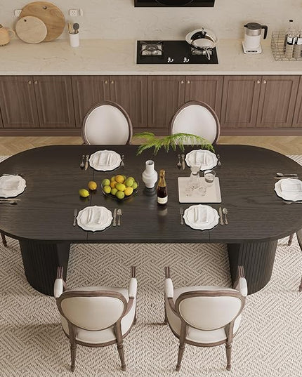 ONBRILL 70.8 Inch Dining Table for 4-6, Oval Dining Room Table with Curved Fluted Wood Strip Base, Mid-Century Modern Kitchen Tables with Footpads, Dinner Tables for Living Room, Dining Room, Black