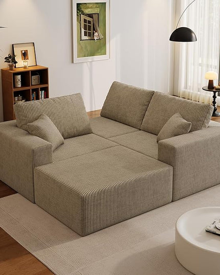 110" Boneless Cloud Sectional Couch for Living Room, Compressed Modular L-Shaped Sofa with Deep Seat, Frameless Corduroy Couch in Boxes, No Assembly Required 3-Seater (Left-Facing Chaise, Grey)