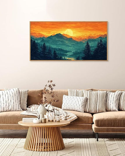 HOURIA Large Sunrise Mountain Forest Landscape Framed Canvas Wall Art Set,Orange Sky Green Ridge Wall Decor,Nature Pine Tree Artwork,Boho Watercolor Art Print for Living Room, Bedroom- 40"x20"x1