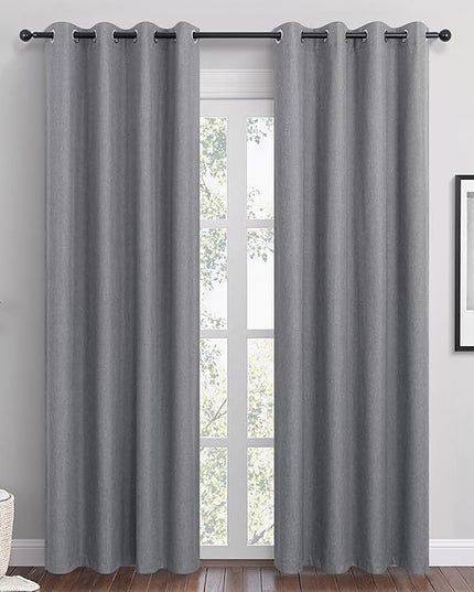 Dark Grey Linen Blackout Curtains 90 Inch Length 2 Panels Set for Bedroom Living Room Grommet 100% Black Out Linen Drapes Room Darkening Window Curtains 90 Inches Long Dark Gray