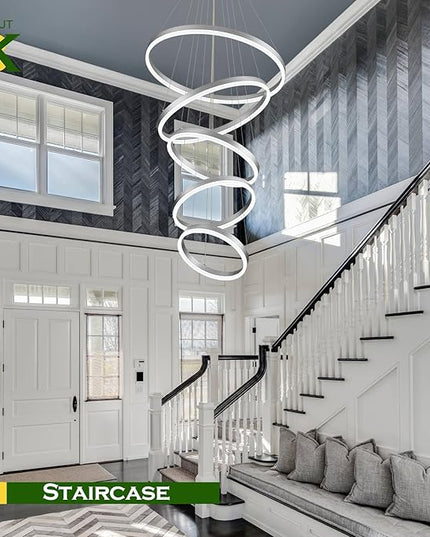 5-Rings Modern LED Chandelier Silver High Ceiling Chandelier with Remote Control Dimmable Pendant Lighting for Dining Room Foyer Living Room Entryway Staircase(3000K-6500K, D23.6’’)