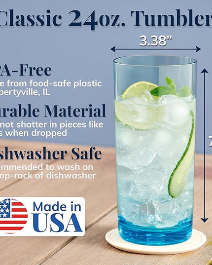 US Acrylic Classic Plastic Reusable Drinking Glasses (Set of 6) 24oz Iced Tea Cups Assorted Colors | BPA-Free Tumblers, Made in USA | Top-Rack Dishwasher Safe