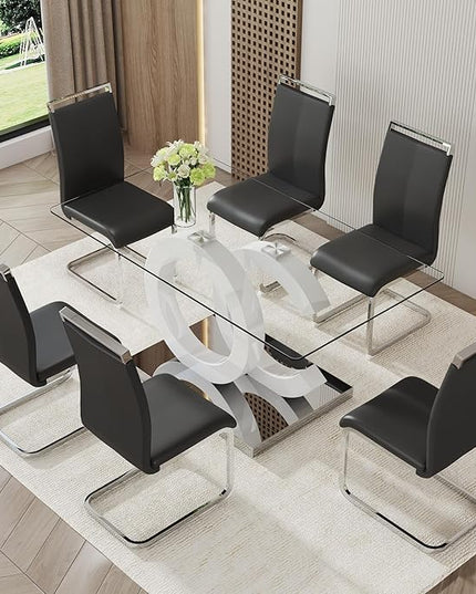 Ebullient Glass Dining Table Set for 6 ，7 Piece Dining Table Set,Tempered Glass Table Top，White Modern Dining Room Table with 6 PU Leather Ergonomic Dining Chairs