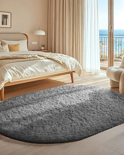 Ophanie 4x6 Oval Grey Rugs for Bedroom Living Room, Fluffy Fuzzy Furry Carpet, Plush Soft Shaggy Bedside Indoor Floor Area Rug for Kids Girls Boys Baby Teen Dorm Nursery Home Decor Aesthetic