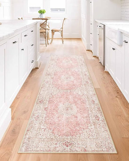 Washable Runner Rug 2x8,Pink Rug Runners Non Slip,Long Boho Rugs for Hallways Kitchen Bedroom Entryway Living Room Bathroom,Vintage Bohemian Distressed Floor Carpet,Blush