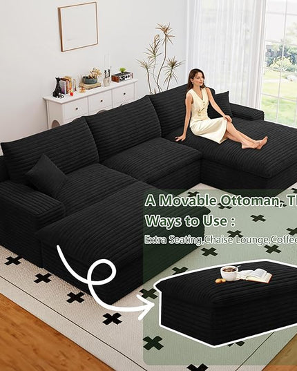 107" Cloud Couch Modular Sectional Sofa for Living Room, U-Shape Boneless Couch with Deep Seat, Modern Corduroy 3-Seater with Ottoman, No Assembly Required (Black,Right-Facing Chaise)