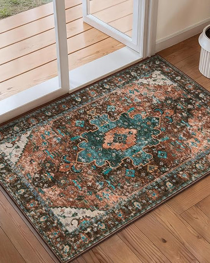 Ciicool Washable Vintage Area Rug, 2x3ft Small Boho Rug, Ultra Soft Rugs for Entryway, Non-Slip Entry Rugs Oriental Low-Pile Indoor Mat Floor Carpet for Entrance Bedroom Kitchen Bathroom Foyer Decor