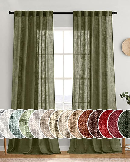 MIULEE Light Olive Green Linen Curtains 108 Inches Long 2 Panels for Bedroom Living Room, Soft Linen Textured Natural Window Drapes Semi Sheer Light Filtering Back Tab Rod Pocket Burlap Look Decor