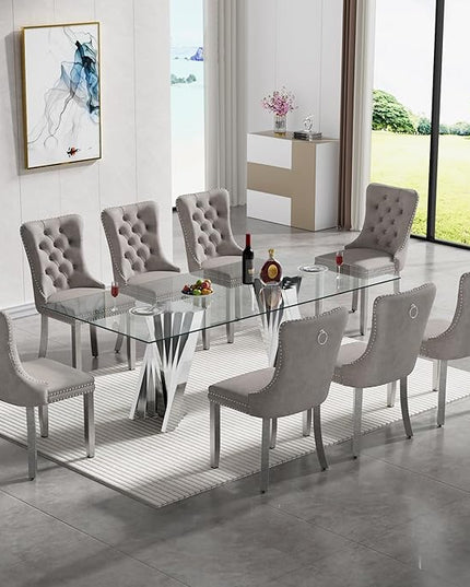 9 Piece Glass Dining Table Set,70" Dinner Room Glass Table Set for 8,Modern Kitchen Dinner Table Set with Stainless Steel Base and 8 Upholstered Velvet Dining Chairs for Living Dining Room