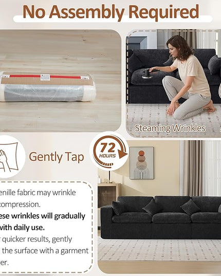115''Cloud Boneless Sectional Couch, Modular Sectional Sofa Deep Seat, Oversized Upholstered Convertible Comfy 3 Seater Chenille Memory Foam Sofa Couches for Living Room, Dark