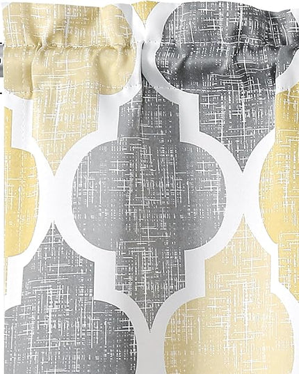 Beauoop Blackout Window Valances Curtains Geometric Quatrefoil Trellis Printed Room Darkening Thermal Insulated Rod Pocket Short Valance Curtains Cafe Bathroom, Yellow/Gray, 50" W x 18" L, 1 Panel
