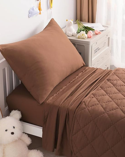 NTBAY Toddler Bedding Set - 4 Piece Soft and Breathable Crib Bedding Set for Boys and Girls, Includes Quilted Comforter, Fitted Sheet, Flat Top Sheet and Envelope Pillowcase, Brown