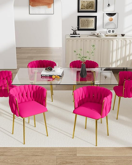 Modern Luxury Golden Dining Table Set, 7 Pcs Clear Glass Top Rectangular Kitchen Table Set, 63'' Minimalist Dinner Room Set for 6, Rose Red Retro Woven Dining Chair for Home Large Place