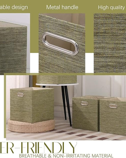 13×13 Inch Fabric Storage Cube Bins, Foldable Cube Organizer Boxes with Handles, Collapsible 4-Pack Storage Baskets for Closet, Shelf, Bookcase & Bedroom – Secret Meadow Green