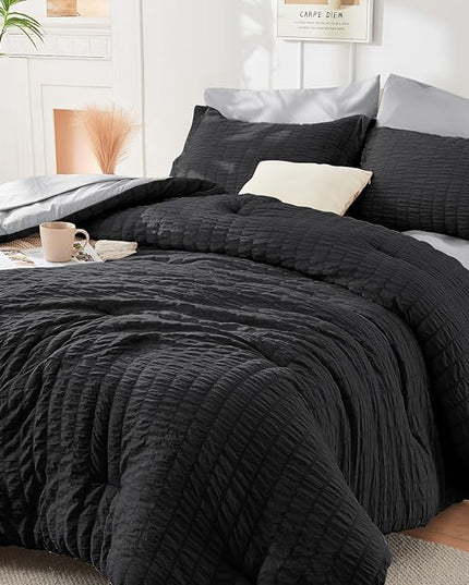 HYMOKEGE Black/Light Grey King Size Comforter Set Seersucker 7 Pieces, All Season Luxury Bed in a Bag for Bedroom, Bedding Set with Comforter, Sheets, Pillowcases & Shams