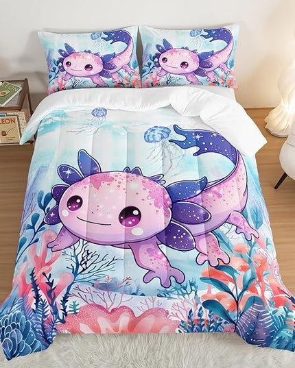 Cute Axolotl Bedding Set King Size,Color Axolotl Waterweed Jellyfish Pattern Toddler Bed Comforter Set,Kawaii Ocean Life Bedding Sets for Kids Boys Girls Room Decor with 2 Pillowcases.