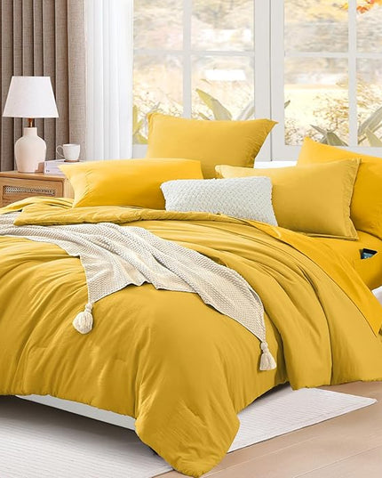 WRENSONGE King Size Comforter Set- 7 Pieces Soft Yellow Bed in a Bag with Fitted Sheet, Flat Sheet 2 Pillow Shams, and 2 Pillowcases- King Bedding Set for All Season